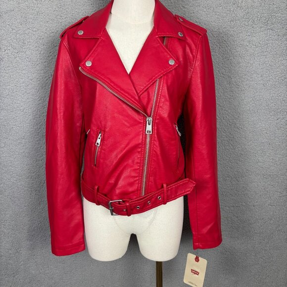 Levi Strauss & Co. Women's Red Faux Leather Moto Jacket Belted Zip Front NWT's. - Picture 1 of 8